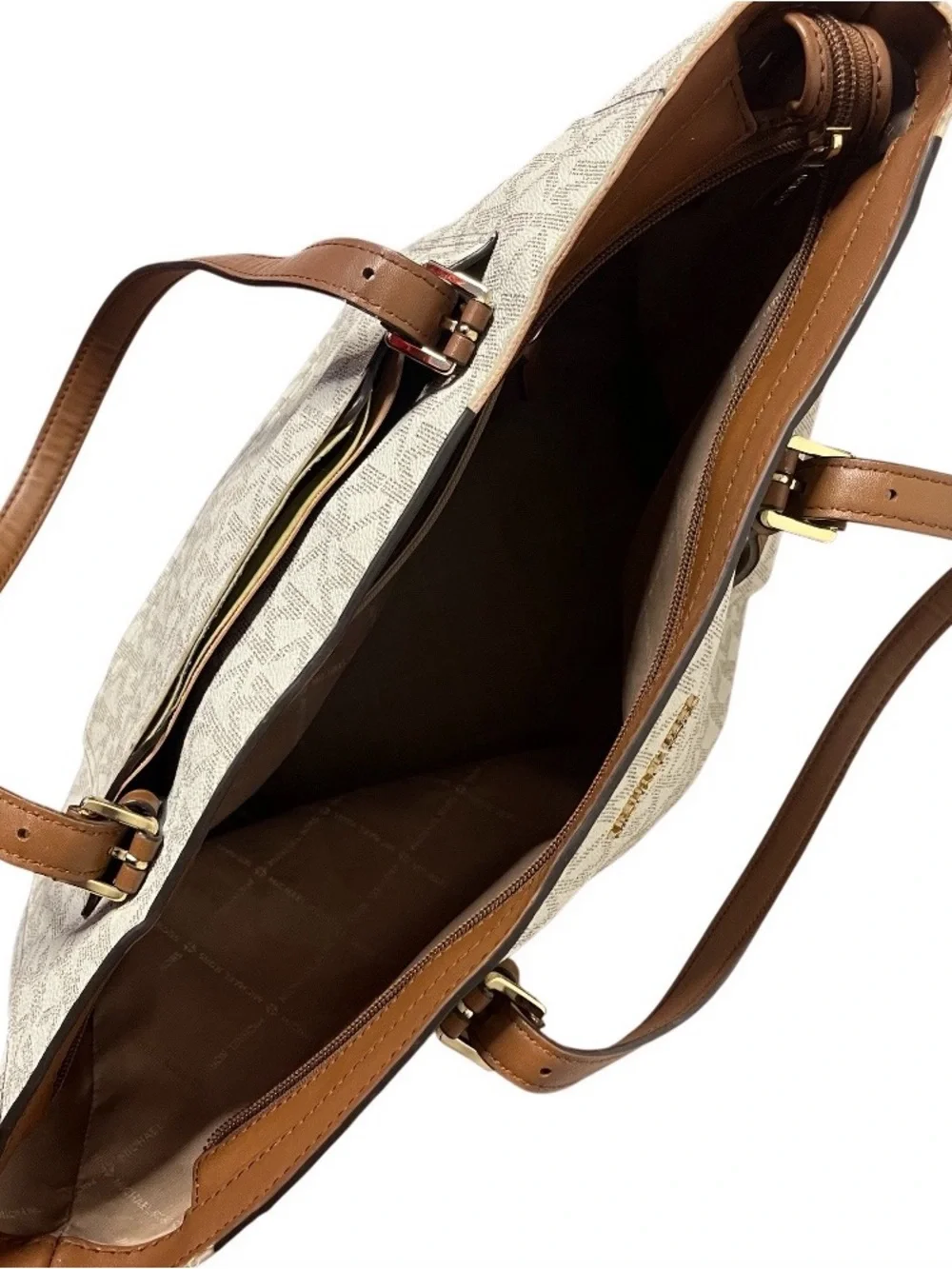MICHAEL KORS Signature Aria Tote Vanilla AOP Gold Tone Hardware FLAWED - Picture 4 of 10
